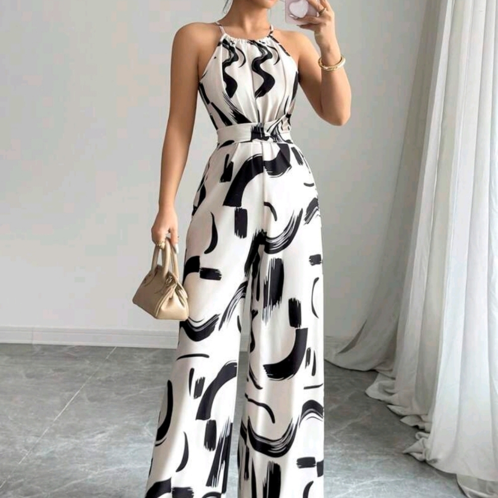 Women's Printed Fabric Waist Tie Jumpsuit, Elegant For Holiday And Every - Picture 5 of 6